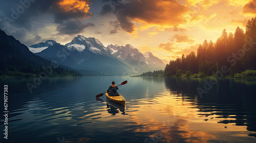 Young woman kayaking in crystal lake background alps mountains, woman canoe with mountains on a lake at sunset