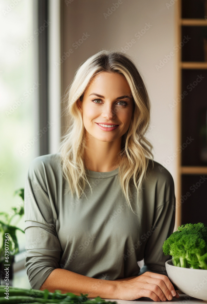 Beautiful smiling blonde hair woman in the kitchen. Scandinavian nutritionist. Healthy lifestyle Beautiful smiling blonde hair woman in the kitchen. Scandinavian nutritionist. Healthy lifestyle