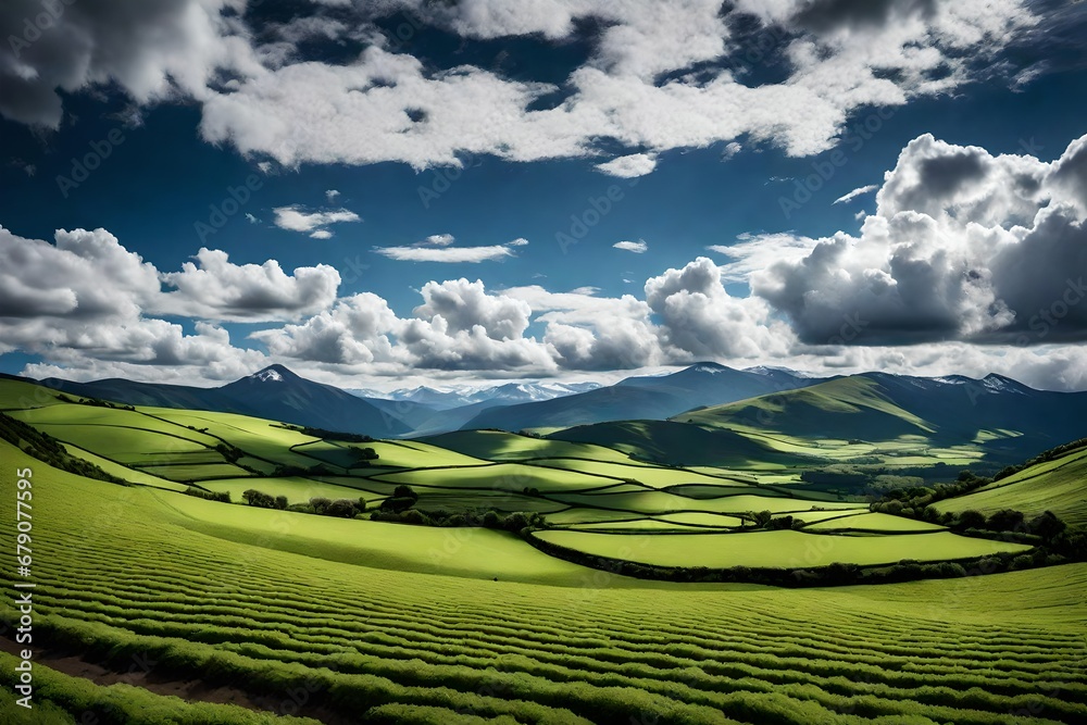 Delight in the serenity of a spring panoramic landscape, where the sky is adorned with fluffy clouds floating gracefully over a vast green field. 