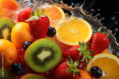 fresh fruits on water, fruits on a white background. Kiwi, berries and oranges rich in vitamin C