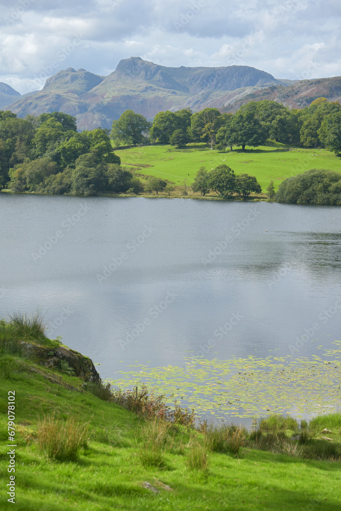The small lake of Loughrigg Tarn beneath the Langdale Pikes in the Lake District