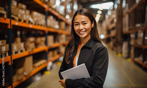 A candid portrait of a confident female manager. Intend to work in manager in a distribution center warehouse, The background is a distribution center warehouse atmosphere, Generative AI photo