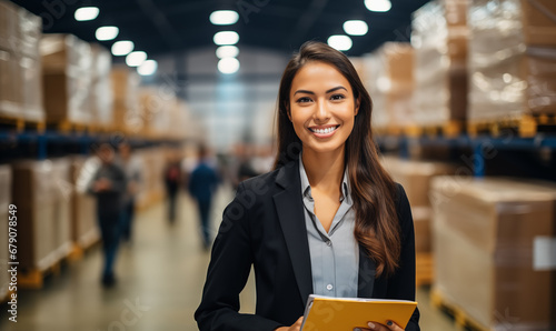 A candid portrait of a confident female manager. Intend to work in manager in a distribution center warehouse, The background is a distribution center warehouse atmosphere, Generative AI photo