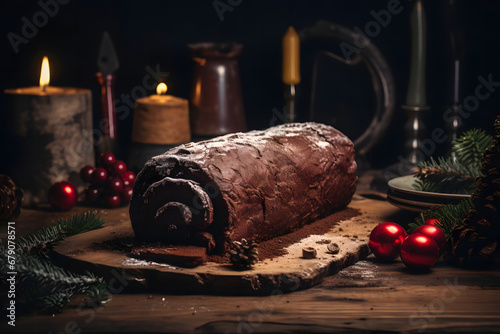 Baking Yule log cake, christmas season
