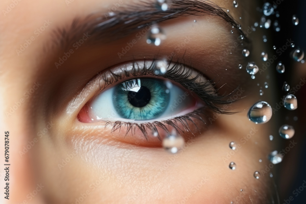 Close-up of an open eye with long eyelashes and brown eyebrows in drops of water. Generative AI