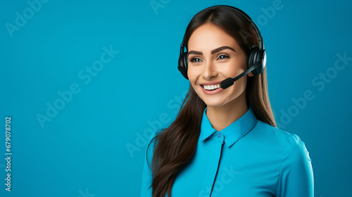 Portrait of attractive trendy cheerful girl help desk service showing copy space isolated over bright blue color background. Made with generative ai