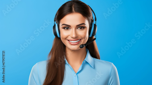 Portrait of attractive trendy cheerful girl help desk service showing copy space isolated over bright blue color background. Made with generative ai