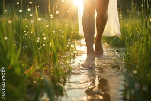 Women's bare feet walk on green grass with in a field. Generated by artificial intelligence
