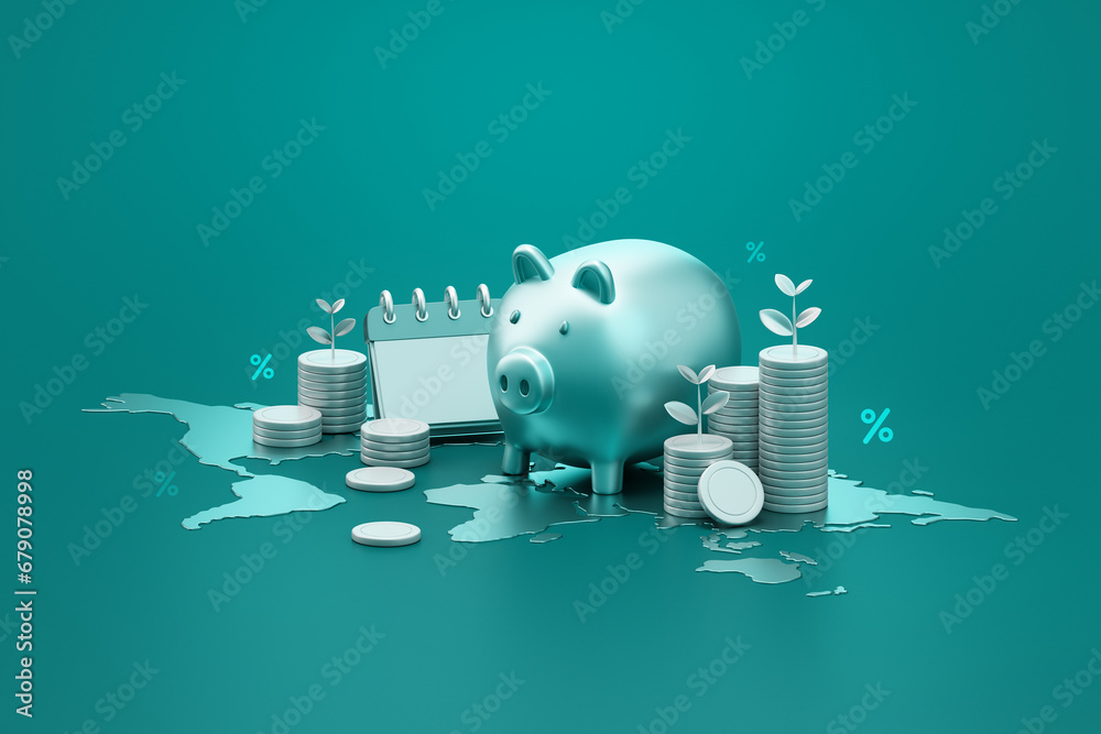 Global financial growth savings money business cash currency on 3d bank finance economy background of investment banking profit coin market price earnings chart benefit concept retirement strategy. - obrazy, fototapety, plakaty 