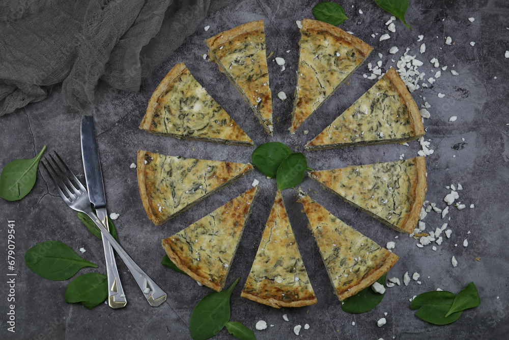 Delicious Quiche pie with cottage cheese and spinach filling