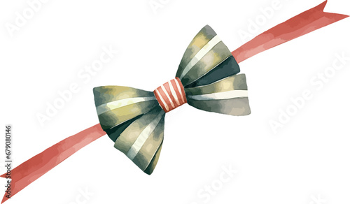 Satin green bow with white strips, on the red ribbon, watercolor vector illustration and christmas element. Template for gift decoration, greeting cards, invitation, wedding card, save the date, print