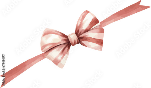 Satin red bow with white strips, on the ribbon, watercolor vector illustration and christmas element. Template for gift decoration, greeting cards, invitation, wedding card, save the date, celebration