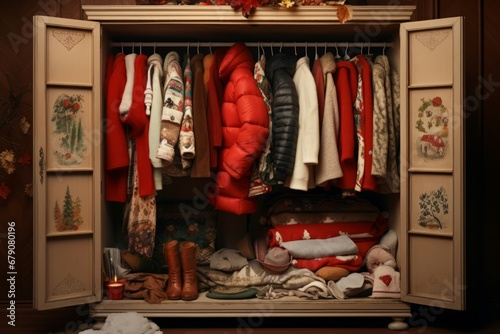 Open wardrobe with winter clothes. Home dressing room cupboard with organized warm clothing. Generate ai photo