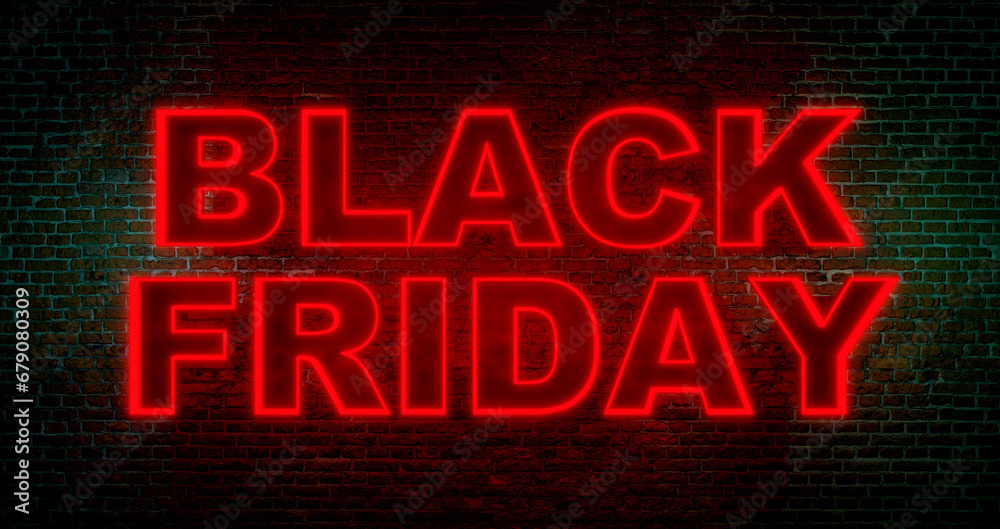 Black Friday, neon banner in red illuminated letters. Shopping event., marketing, sale, shopping deals, commercial sign. 3D illustration Black Friday, neon banner in red illuminated letters. Shopping event., marketing, sale, shopping deals, commercial sign. 3D illustration