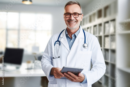 Smiling attractive doctor standing with tablet pc in medical office