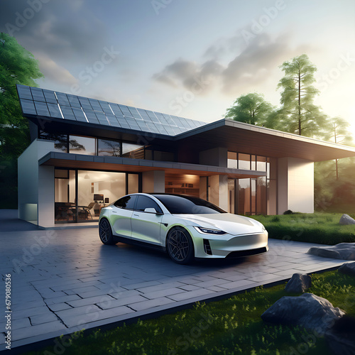 Electric futuristic car parked with charging station in a modern ecological eco house with solar green power panels, smart home technology. Renewable energy concept. future technologie. Generative ai © Maxim Chuev