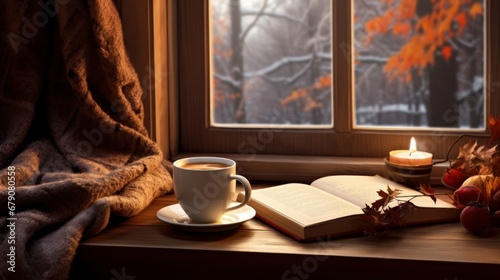 A cozy image that evokes autumn and winter time in front of the window with a book and a cup of coffee © tetxu