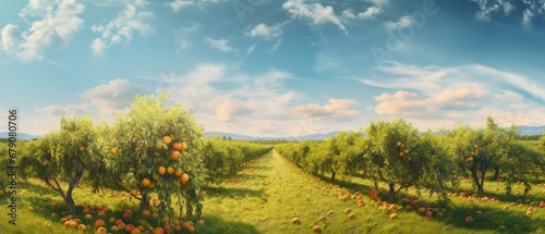 A painting of an orchard with oranges on the trees. Generative AI.