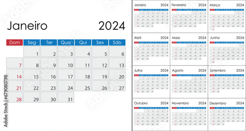 Calendar 2024 on portuguese language, week start on Sunday