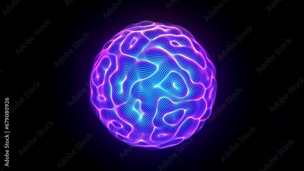 Neon glowing 3D sphere with waving pixelated AI brain-like surface on black background. Abstract concept of artificial intelligence, big data or digital sound waves. Looped video of plasma matter Neon glowing 3D sphere with waving pixelated AI brain-like surface on black background. Abstract concept of artificial intelligence, big data or digital sound waves. Looped video of plasma matter