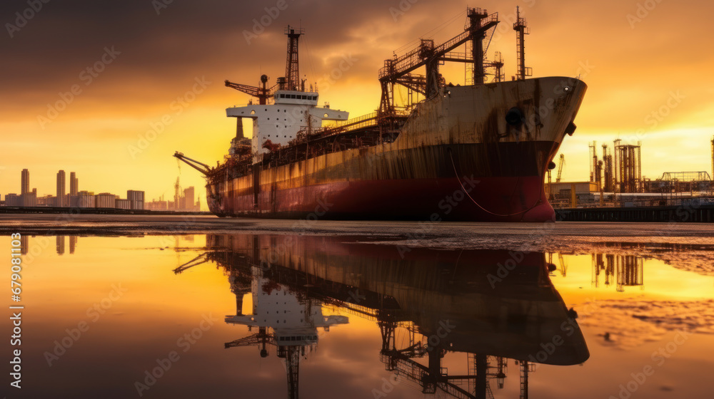 Cargo Ship Docked at Industrial Port at Sunset