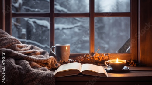 A cozy image that evokes autumn and winter time in front of the window with a book and a cup of coffee
