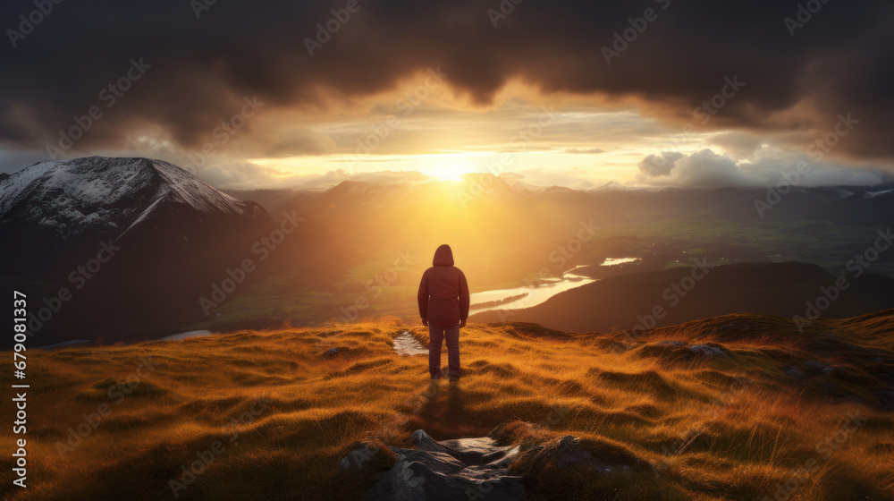 Explorer Watching Sunrise Over Mountain Lake
