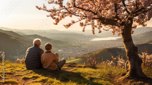 Grandfather and Grandson Enjoying Mountain View at Sunset photo