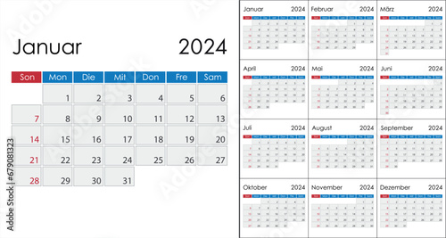 Calendar 2024 on german language, week start on Sunday