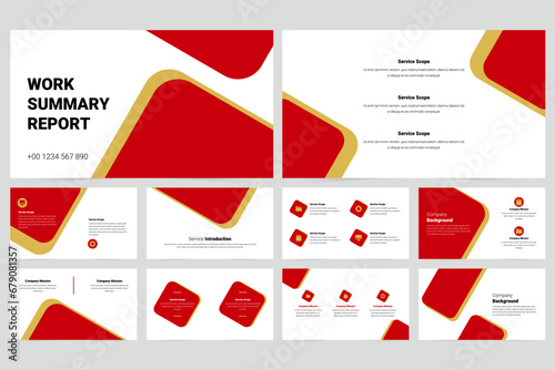 Red and gold modern business work report slide presentation template