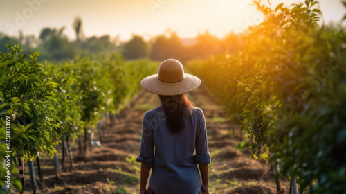 Woman in Hat Admiring Orchard at Sunset © ArgitopIA