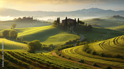Idyllic Tuscan Landscape with Rolling Hills at Dawn photo