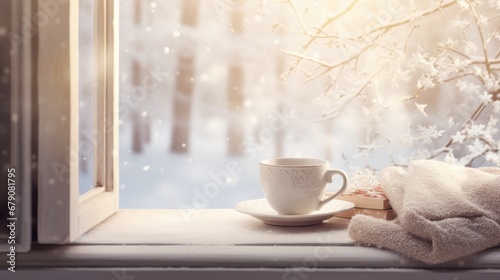 Winter background with cup of coffee and book on the window. Christmas greeting card concept