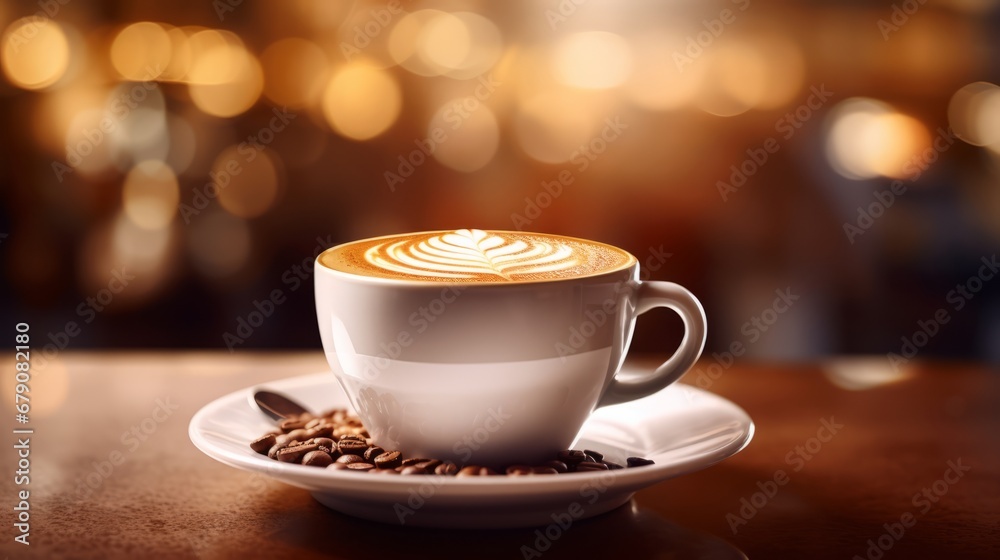 Fototapeta premium Mocca coffee with cream on top of a glass with warm coffee drink with pumpkin spice or cinnamon, whipped milk foam and chocolate in a coffee shop or restaurant free copy space