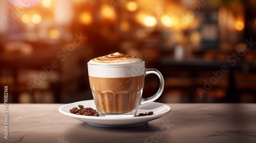 Mocca coffee with cream on top of a glass with warm coffee drink with pumpkin spice or cinnamon  whipped milk foam and chocolate in a coffee shop or restaurant free copy space
