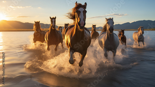  In the early morning, a herd of wild horses gallops along a beach, their hooves splashing water, illuminated by the stunning sunrise lighting. The scene is a breathtaking blend of nature and freedom.