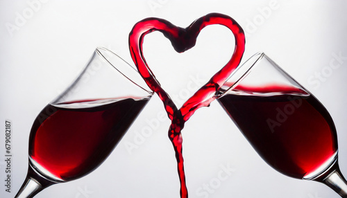 A single heart shaped Red wine spilled from 2 glasses photo