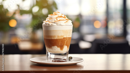 Mocca coffee with cream on top of a glass with warm coffee drink with pumpkin spice or cinnamon  whipped milk foam and chocolate in a coffee shop or restaurant free copy space