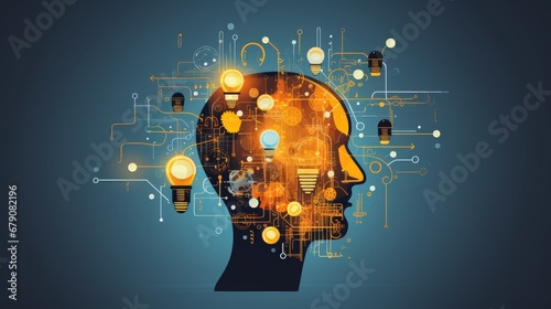 Creative mind, brainstorm. Abstract human head silhouette and hand holding bulb lamp surrounded geometric shapes. Team connecting puzzle symbolized creative idea on blueprint. Vector illustrationn photo