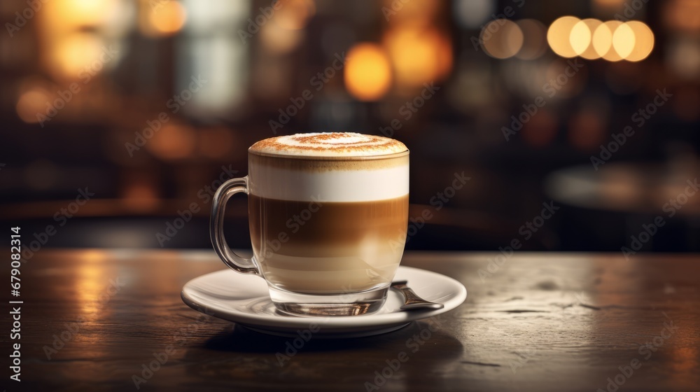 Mocca coffee with cream on top of a glass with warm coffee drink with pumpkin spice or cinnamon, whipped milk foam and chocolate in a coffee shop or restaurant free copy space