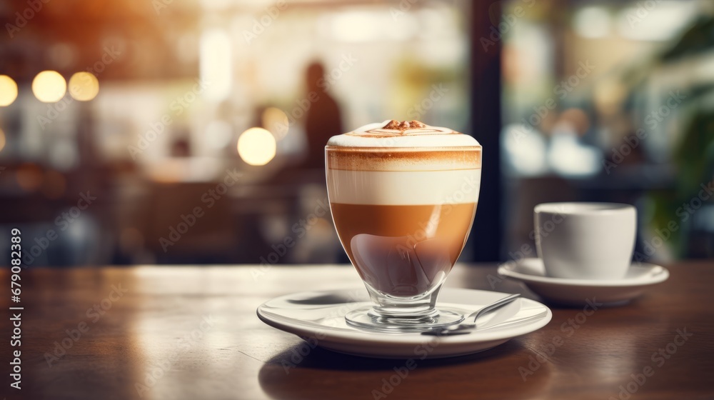 Mocca coffee with cream on top of a glass with warm coffee drink with pumpkin spice or cinnamon, whipped milk foam and chocolate in a coffee shop or restaurant free copy space Mocca coffee with cream on top of a glass with warm coffee drink with pumpkin spice or cinnamon, whipped milk foam and chocolate in a coffee shop or restaurant free copy space