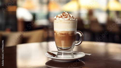 Mocca coffee with cream on top of a glass with warm coffee drink with pumpkin spice or cinnamon, whipped milk foam and chocolate in a coffee shop or restaurant free copy space