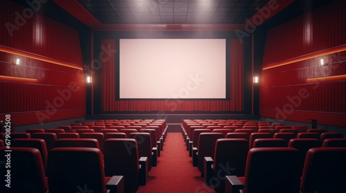 Empty movie theatre. Cinema hall with white screen and red chairs. Modern movies theater for festivals and films presentation. Interior design.