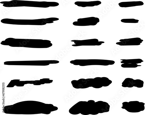 Highlighter Brush Set Hand Drawn Black Highlight Marker Stripes. Highlighter line black marker strokes lines. Highlighter underline scribbles. Paint pen handdrawn strokes. Vector illustration grunge
