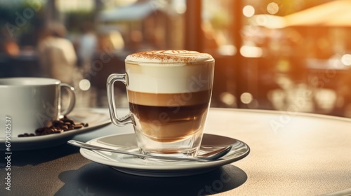 Wallpaper Mural Mocca coffee with cream on top of a glass with warm coffee drink with pumpkin spice or cinnamon, whipped milk foam and chocolate in a coffee shop or restaurant free copy space Torontodigital.ca