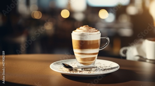 Mocca coffee with cream on top of a glass with warm coffee drink with pumpkin spice or cinnamon, whipped milk foam and chocolate in a coffee shop or restaurant free copy space photo