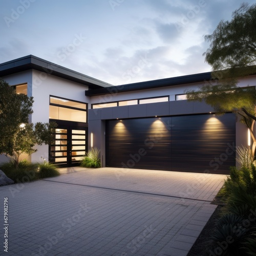 Modern and luxurious double garage with driveway and roller door