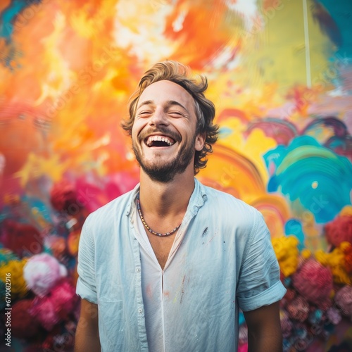 portrait of man smiling in front of colorfull background outdoors