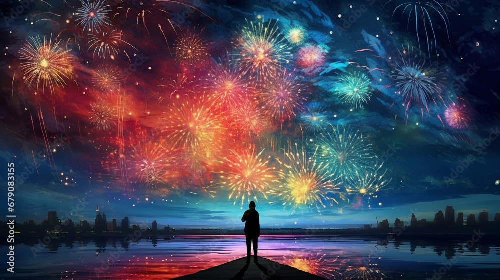 A spectacular display of colorful fireworks in the night sky on New Year's Day. - obrazy, fototapety, plakaty 