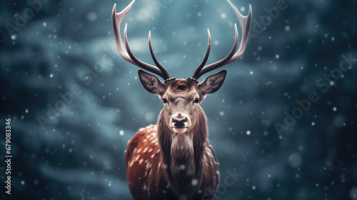 Noble deer in winter forest. Autumn scene with reindeer. Snowy winter christmas landscape © BHM